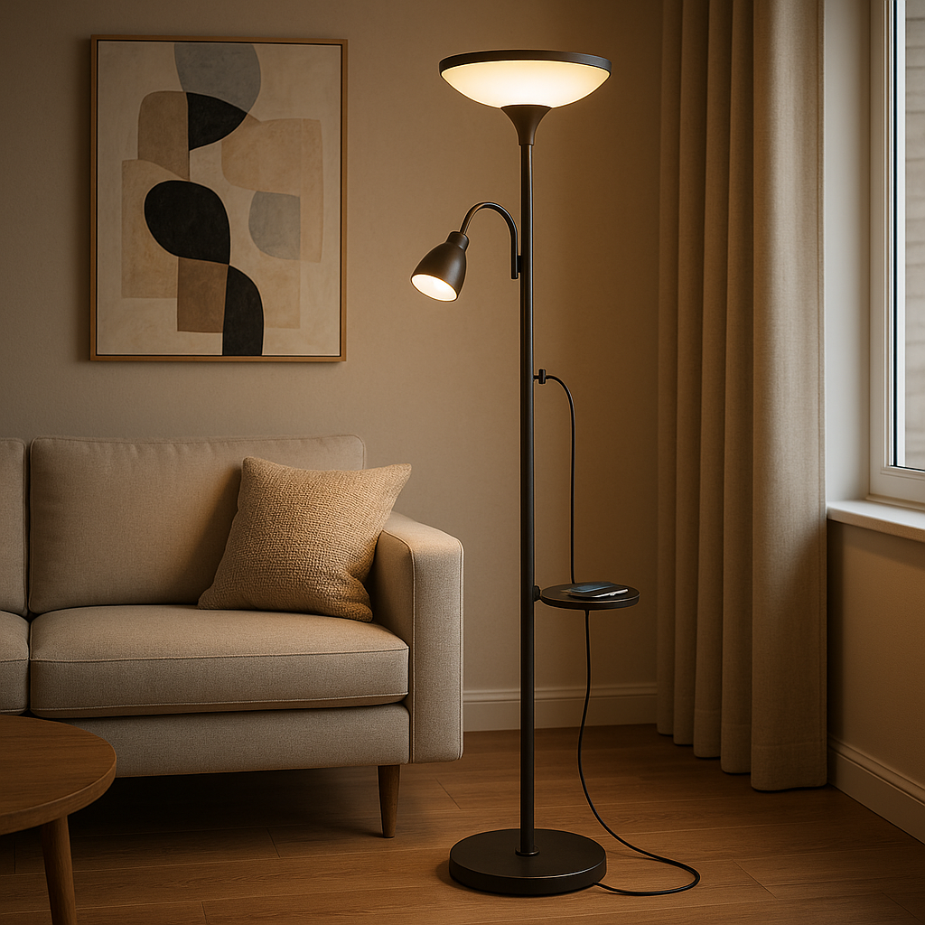 Dual Light Floor Lamp with Reading Arm and Built-In Shelf